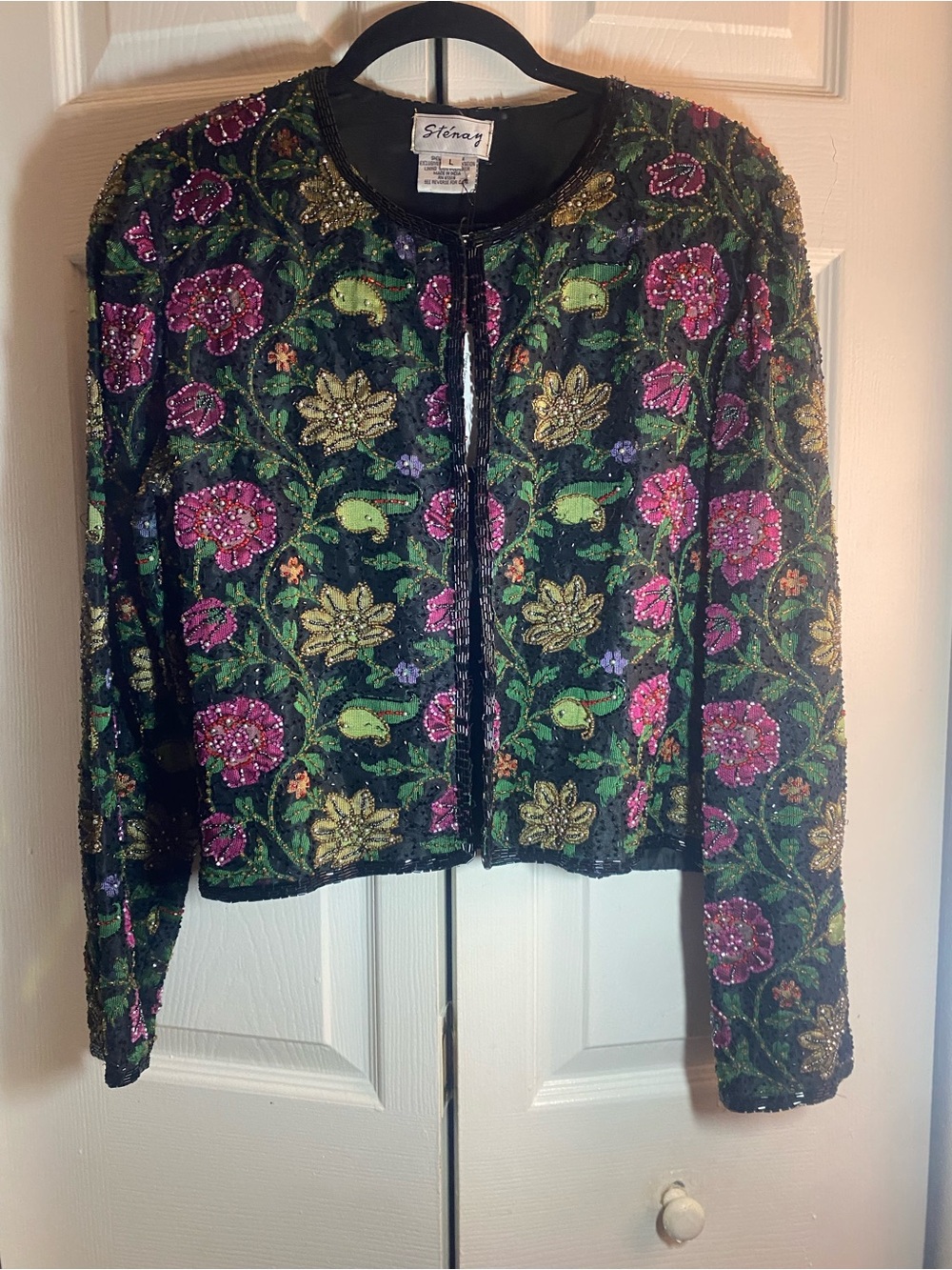 Amazing Stenay Vintage Black Beaded Floral Jacket with Pink & Green Embroidery
